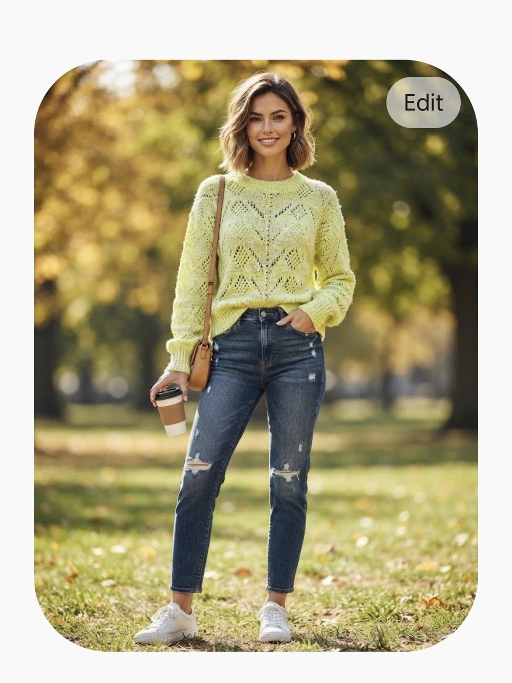 Cleo Open-Knit Crewneck Sweater in Green & Yellow Size Large